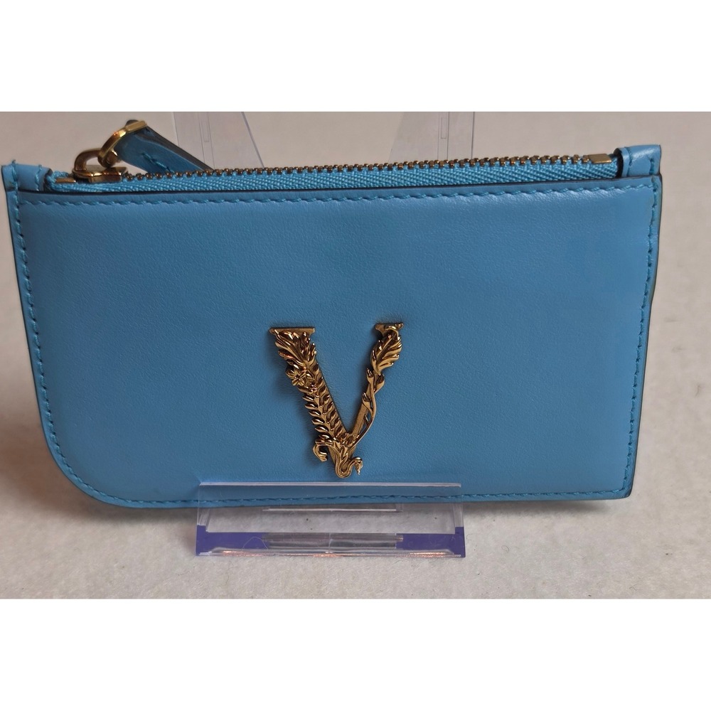 Versace Virtus Blue Leather Card Case Zip Wallet Gold Barocco V Authentic COA